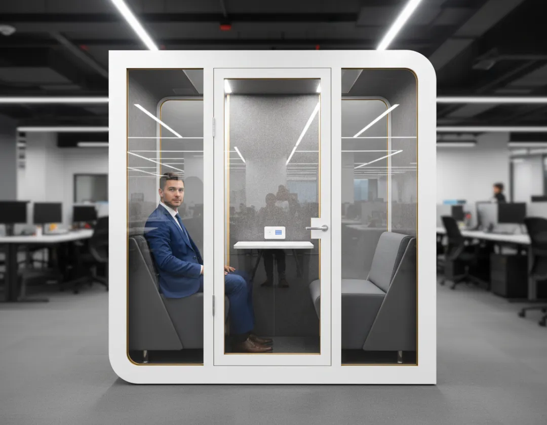 Muž pracující v akustické kabině Duet s ergonomickým uspořádáním
